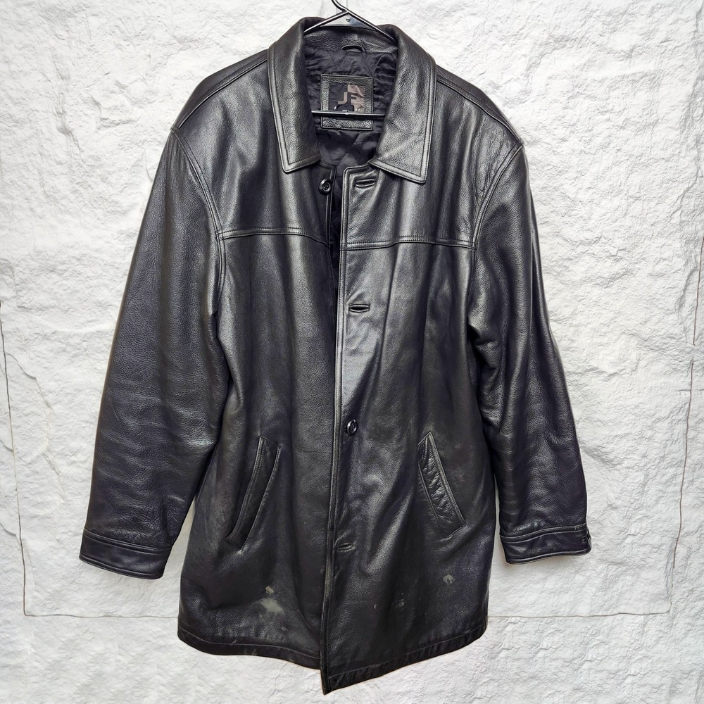 Vintage Y2K J Ferrar Heavy Black Leather Car Coat Jacket XLT Matrix Quilted 90s